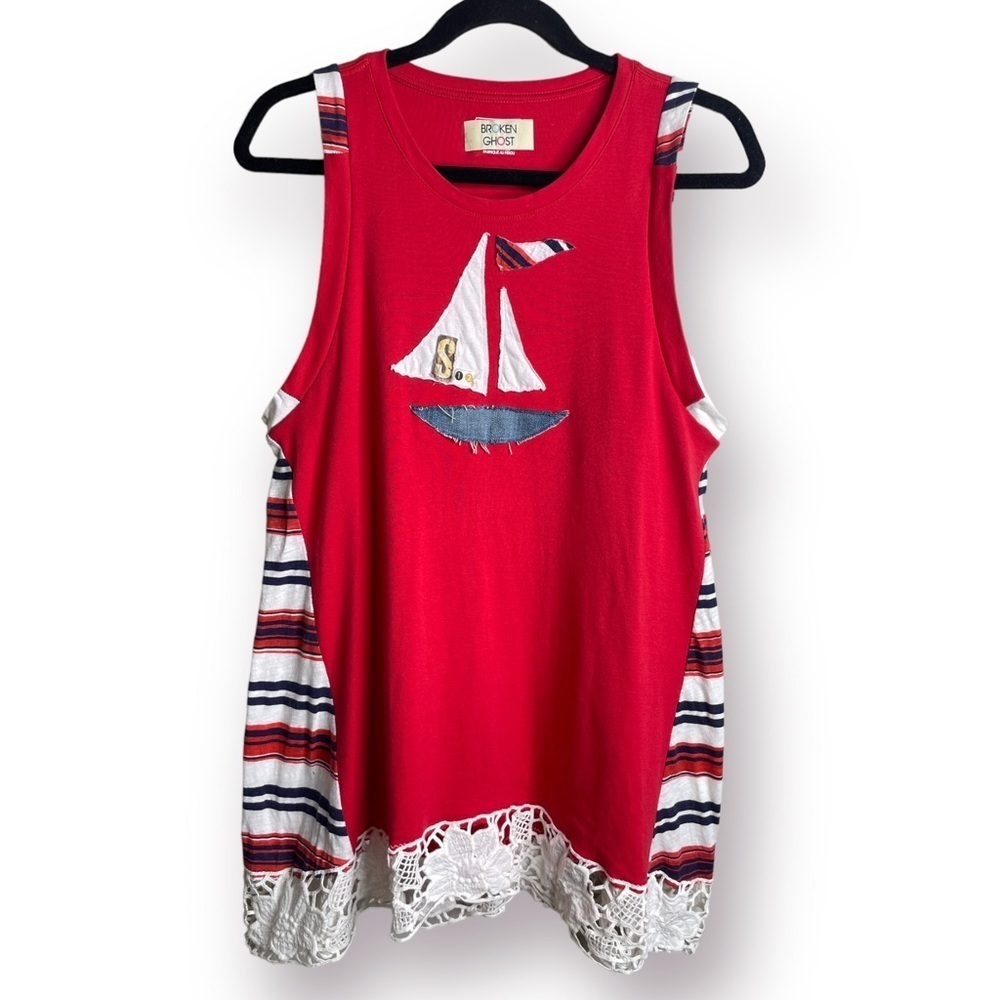 Broken Ghost Size M Red White Upcycled Custom Sleeveless Sailboat Lace Tunic Top